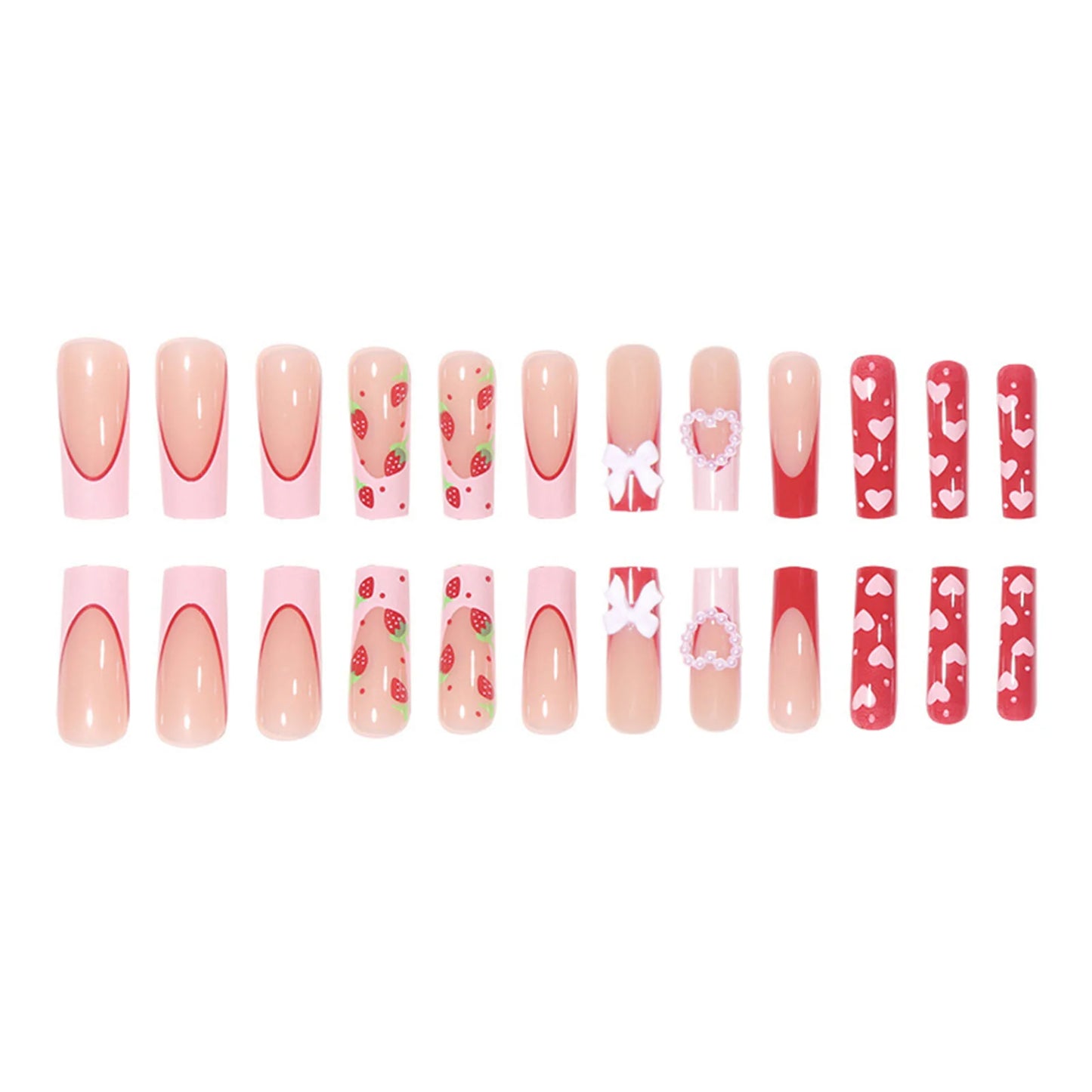 24 Pcs Press On Nails Pink Strawberry Fake Nails Glossy Artificial Finger Manicure Reusable False Nails For Women