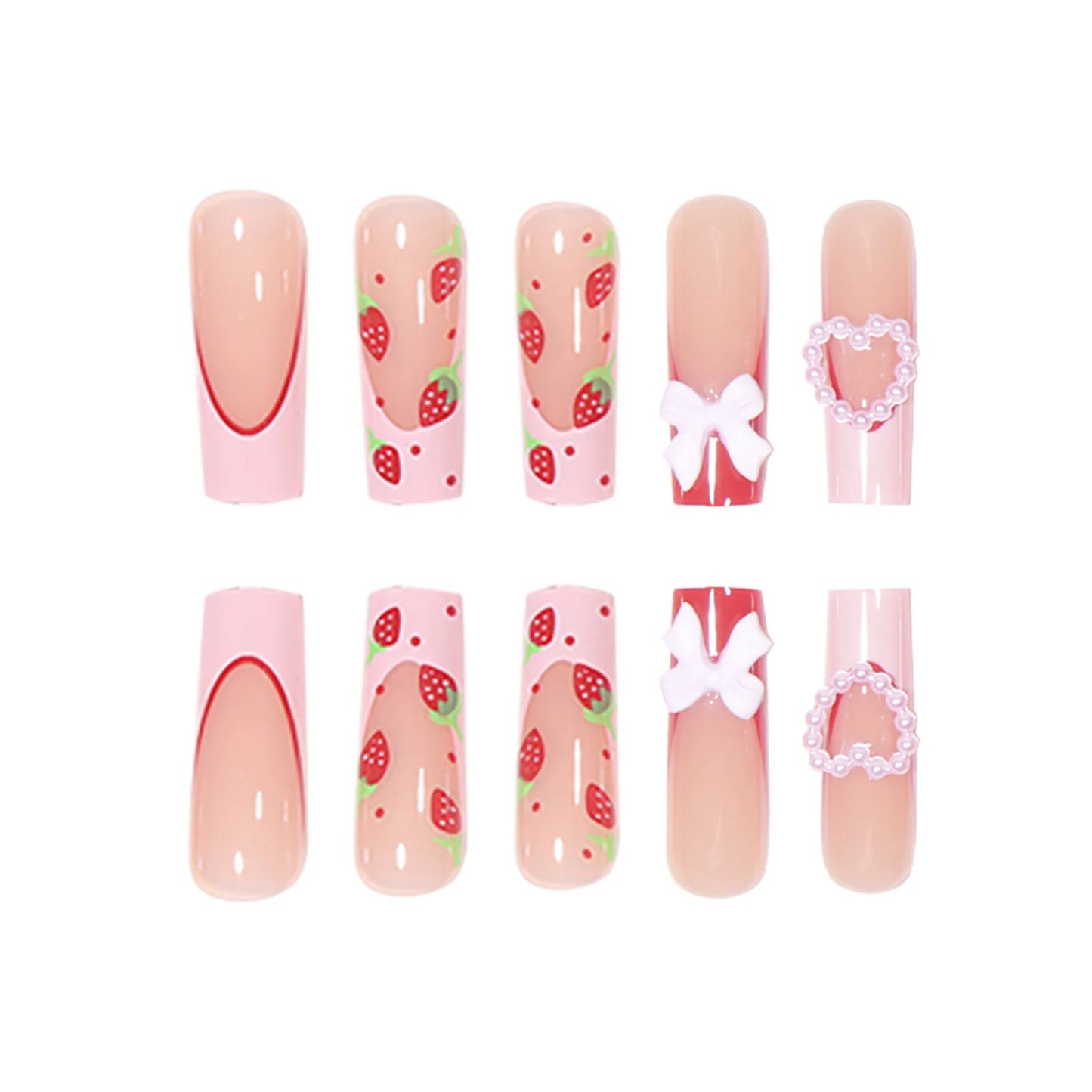 24 Pcs Press On Nails Pink Strawberry Fake Nails Glossy Artificial Finger Manicure Reusable False Nails For Women